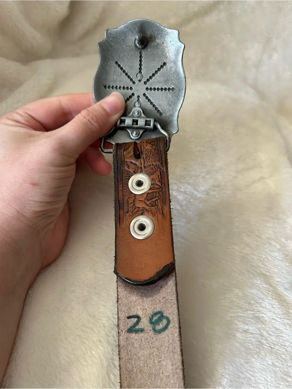 Brown tooled leather silver buckle western style belt size 28 hunting